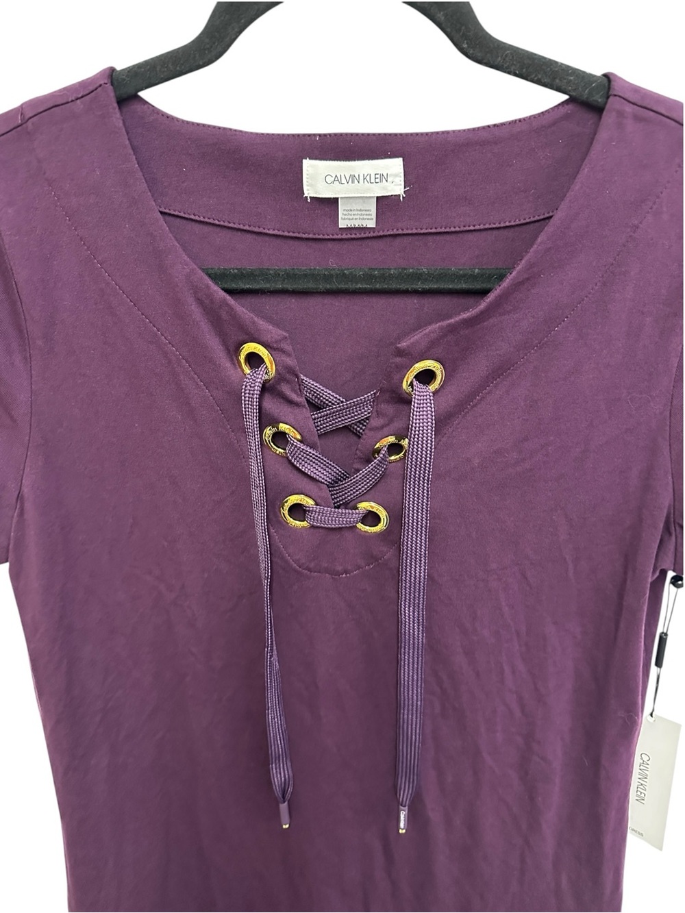 Calvin Klein plum purple lace up front dress with drawstring tie Size M NEW - Picture 4 of 12